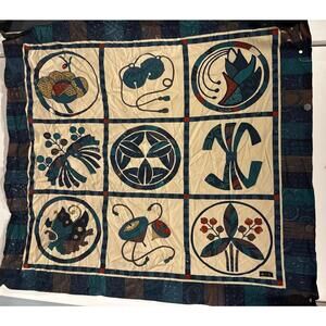 Vintage Japanese Textile Wall Hanging Folk Art Panel Indigo Floral Cloth